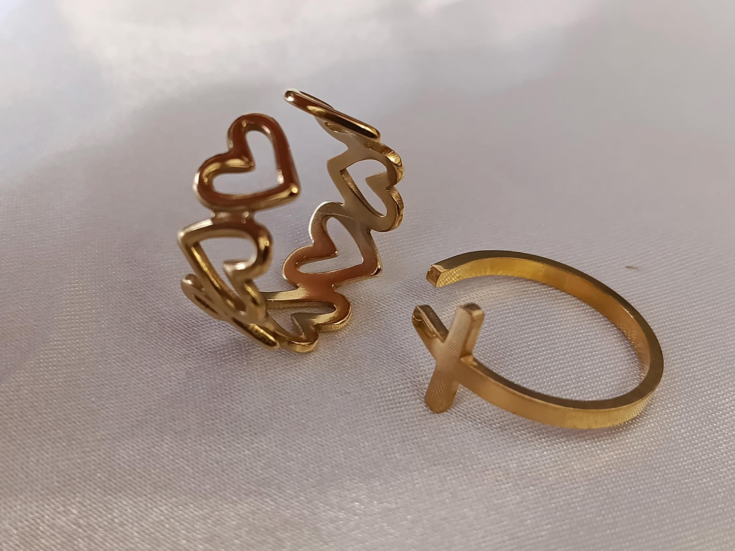 Set de Anillo Ajustable con corazon y cruz en Acero Inoxidable con Baño de Oro 18K regalos para ella