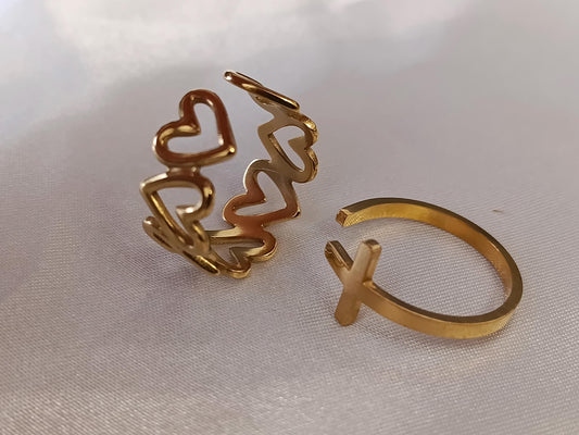 Set de Anillo Ajustable con corazon y cruz en Acero Inoxidable con Baño de Oro 18K regalos para ella