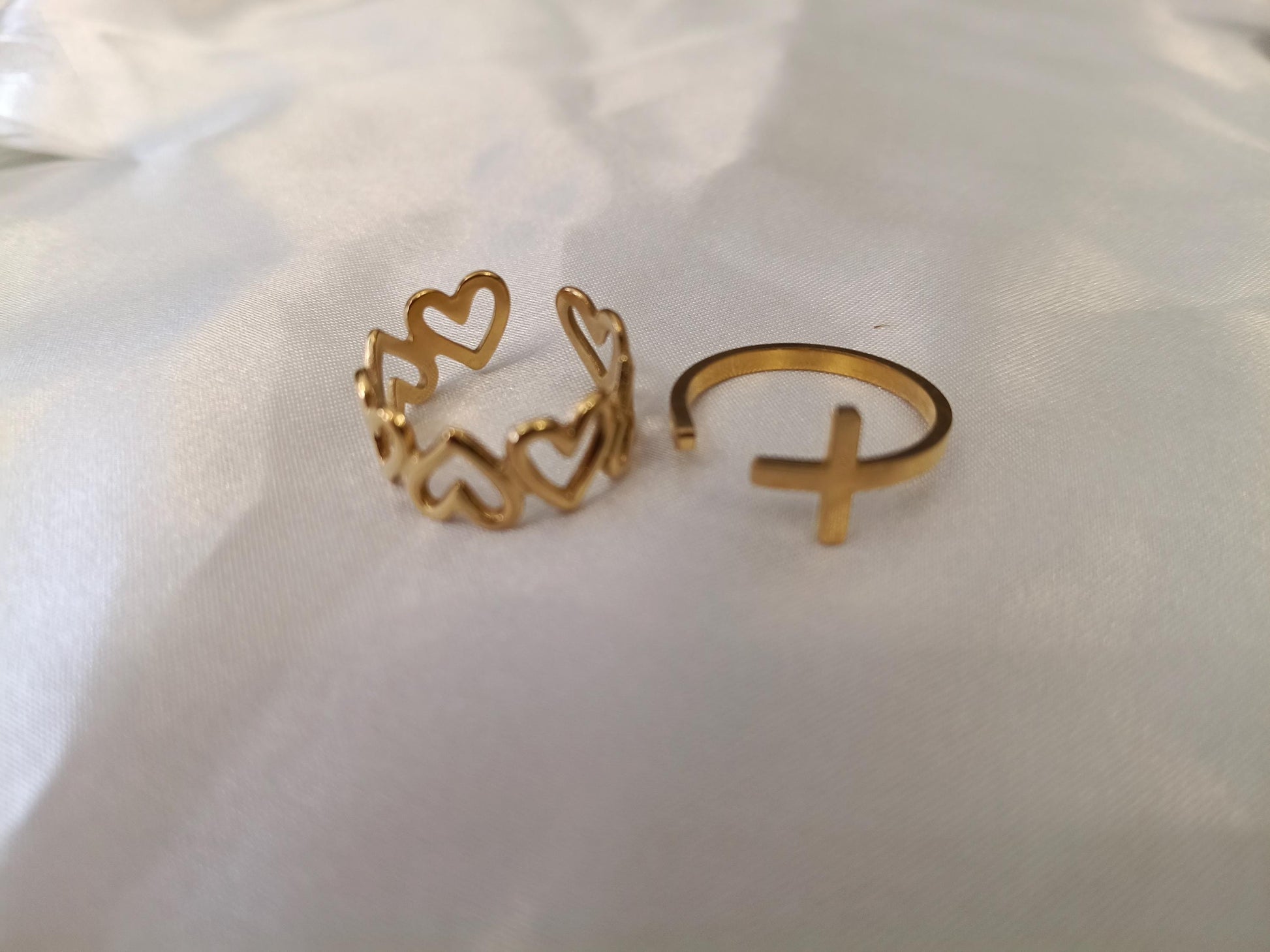 Set de Anillo Ajustable con corazon y cruz en Acero Inoxidable con Baño de Oro 18K regalos para ella