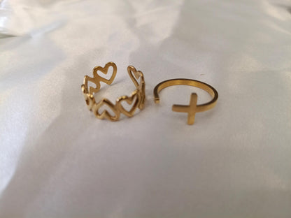 Set de Anillo Ajustable con corazon y cruz en Acero Inoxidable con Baño de Oro 18K regalos para ella