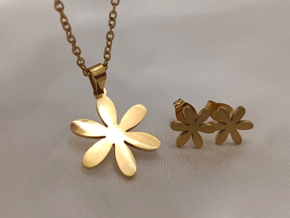 Conjunto de Joyería de Acero Inoxidable con Baño de Oro 18K - Collar y Pendientes de Flor Pulida regalo para ella