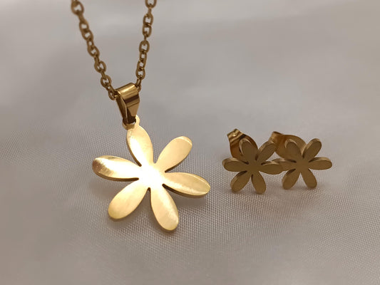 Conjunto de Joyería de Acero Inoxidable con Baño de Oro 18K - Collar y Pendientes de Flor Pulida regalo para ella