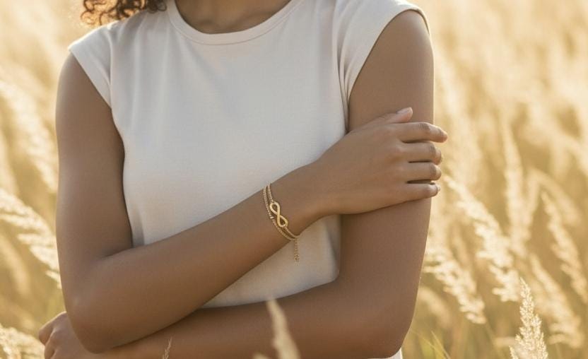 pulsera de doble cadena con cuentas y colgante infinito acero inoxidable oro bañado 18K regalo para ella