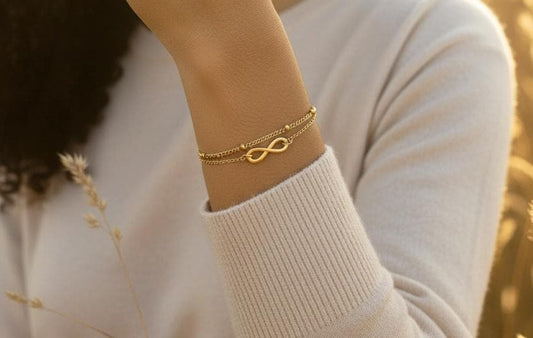 pulsera de doble cadena con cuentas y colgante infinito acero inoxidable oro bañado 18K regalo para ella