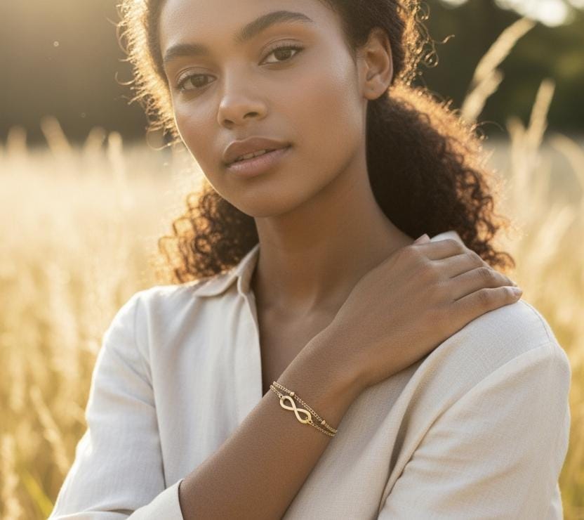 pulsera de doble cadena con cuentas y colgante infinito acero inoxidable oro bañado 18K regalo para ella