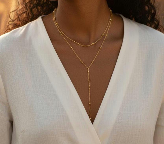 Collar largo Doble Capa con Cuentas Brillantes - Acero Inoxidable Bañado en Oro 18K para ella