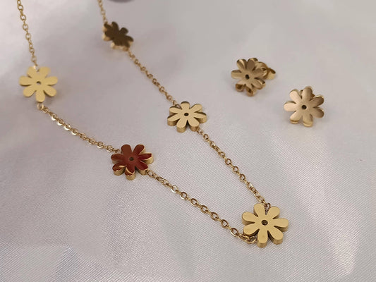 Conjunto de joyas collar de flores crisantemos en Acero Inoxidable con Baño de Oro 18K - Collar y Pendientes a juego regalo para ella