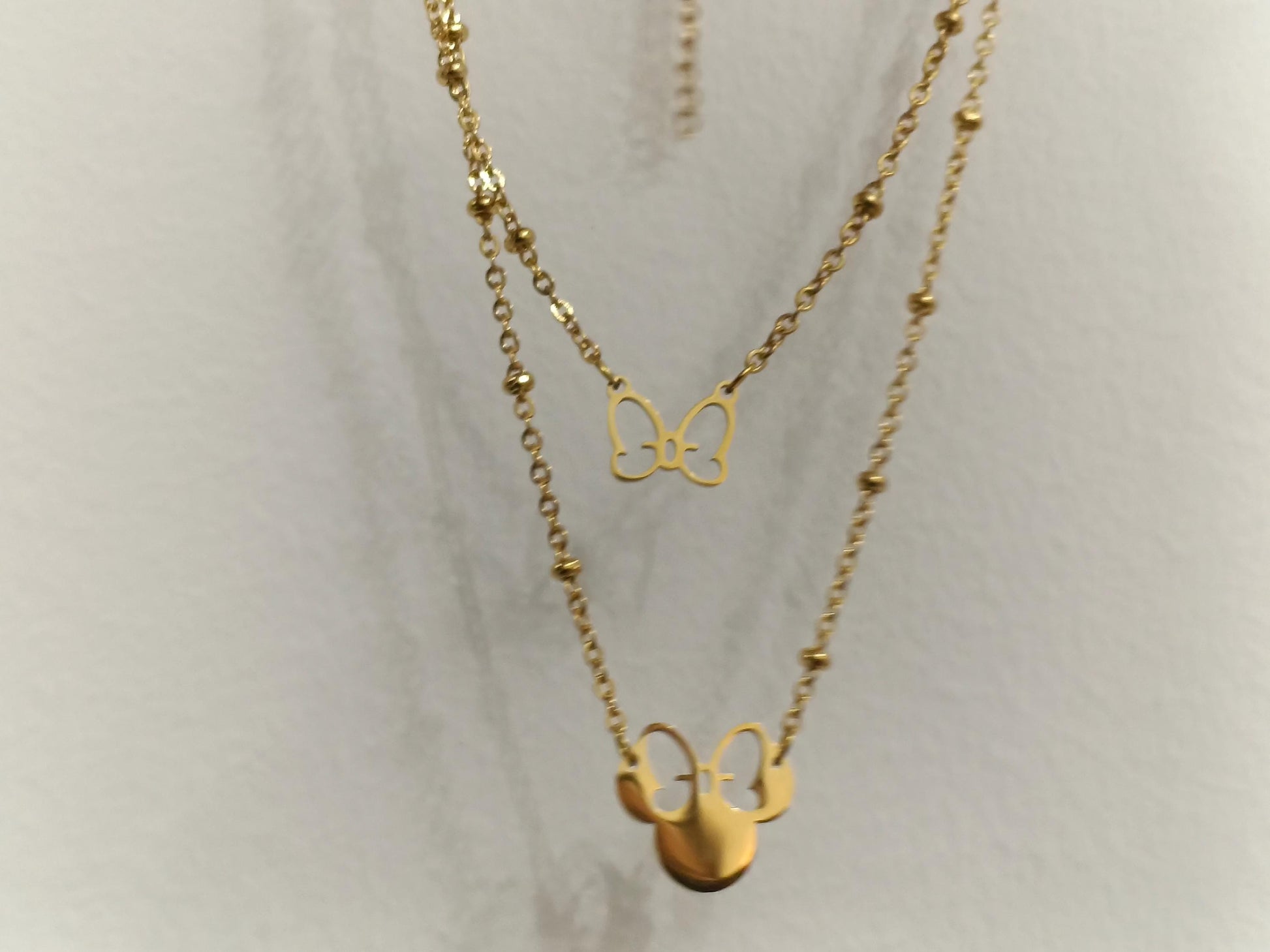 Collar de Doble Capa con Colgante de Ratón Efecto Espejo en Oro 18K (PVD) - 50cm mas extension para mujeres