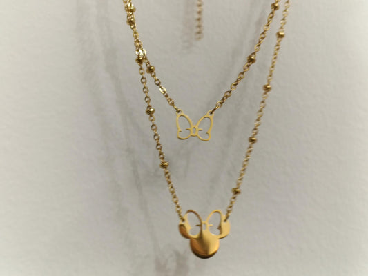 Collar de Doble Capa con Colgante de Ratón Efecto Espejo en Oro 18K (PVD) - 50cm mas extension para mujeres