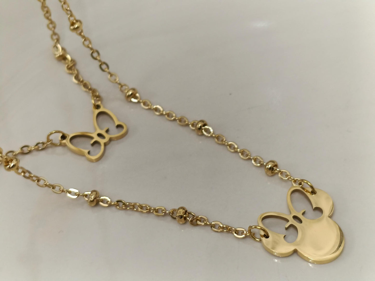 Collar de Doble Capa con Colgante de Ratón Efecto Espejo en Oro 18K (PVD) - 50cm mas extension para mujeres