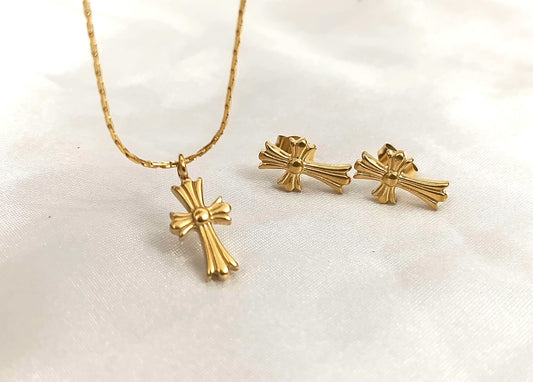 Conjunto de Collar de Cruz y Pendientes a juego Oro 18K - Acero Inoxidable, 45cm (17,6") regalo para ella