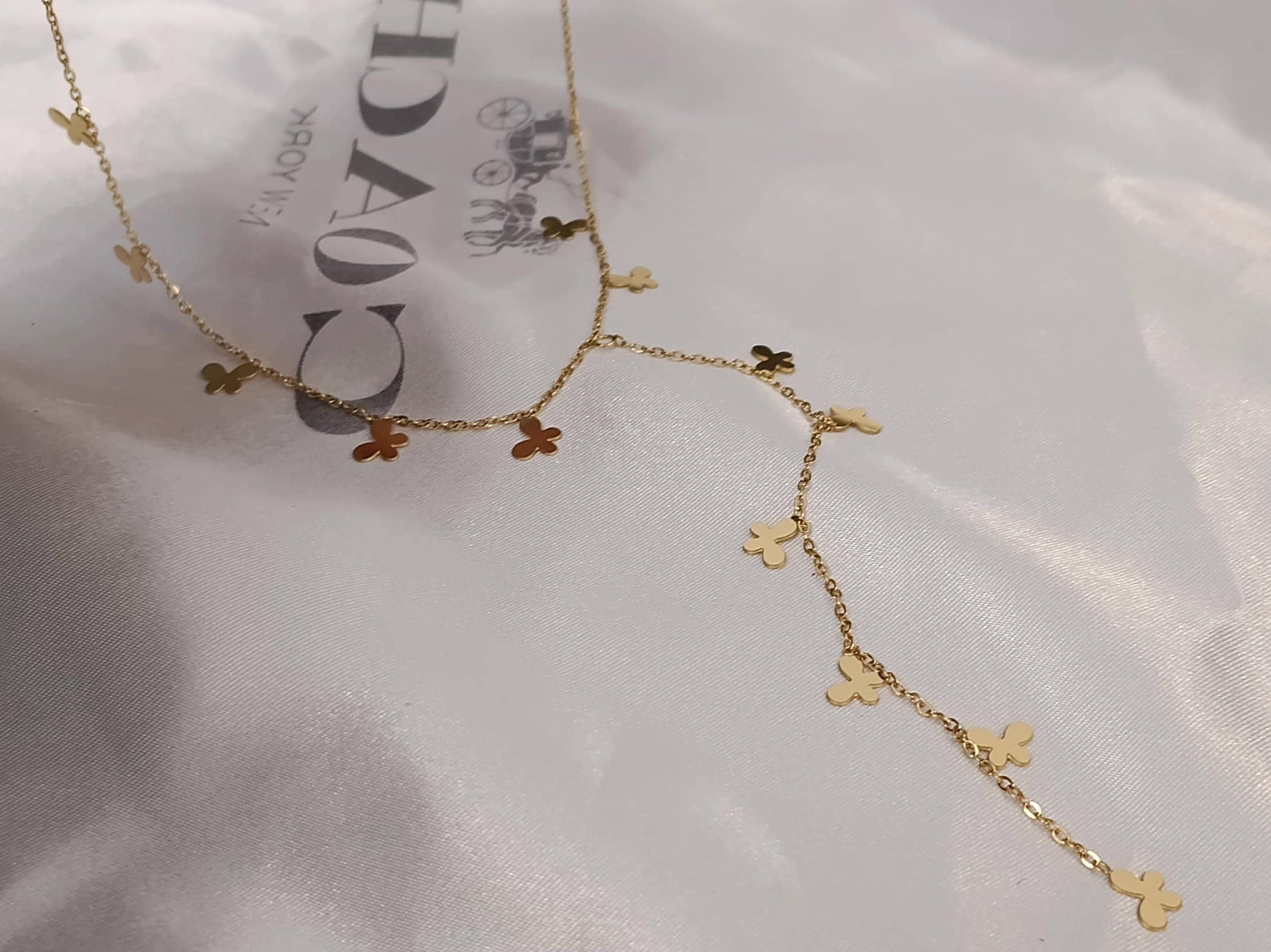 Collar Largo en Y de Acero Inoxidable, Mariposa Pulida con Circonitas, Baño de Oro 18K (PVD) + Extensión regalo para ella