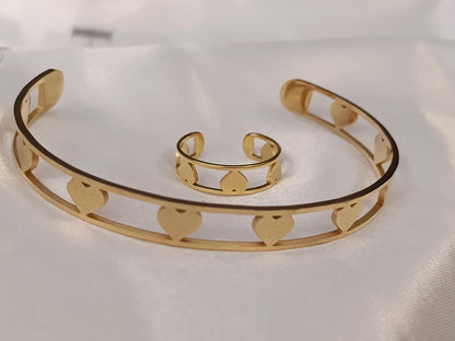 Conjunto de joyas - Brazalete y Anillo ajustable de Corazón Ahuecado, Acero Inoxidable con Baño de Oro 18K (Efecto Espejo) regalos para ella