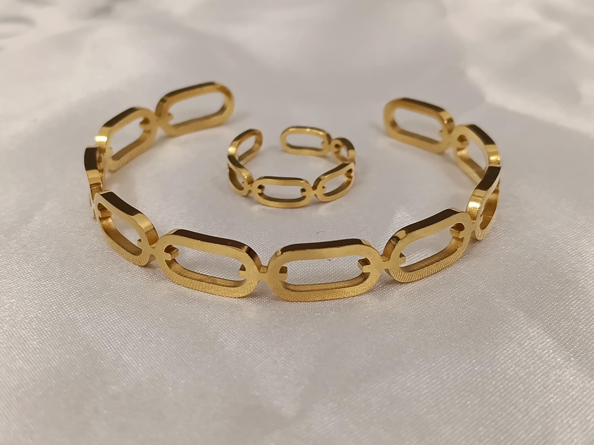 Conjunto de joyas Ajustable: Brazalete y Anillo Acero Inoxidable con Baño de Oro 18K (Efecto Espejo) regalos para ella