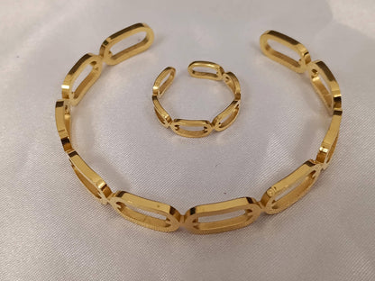 Conjunto de joyas Ajustable: Brazalete y Anillo Acero Inoxidable con Baño de Oro 18K (Efecto Espejo) regalos para ella