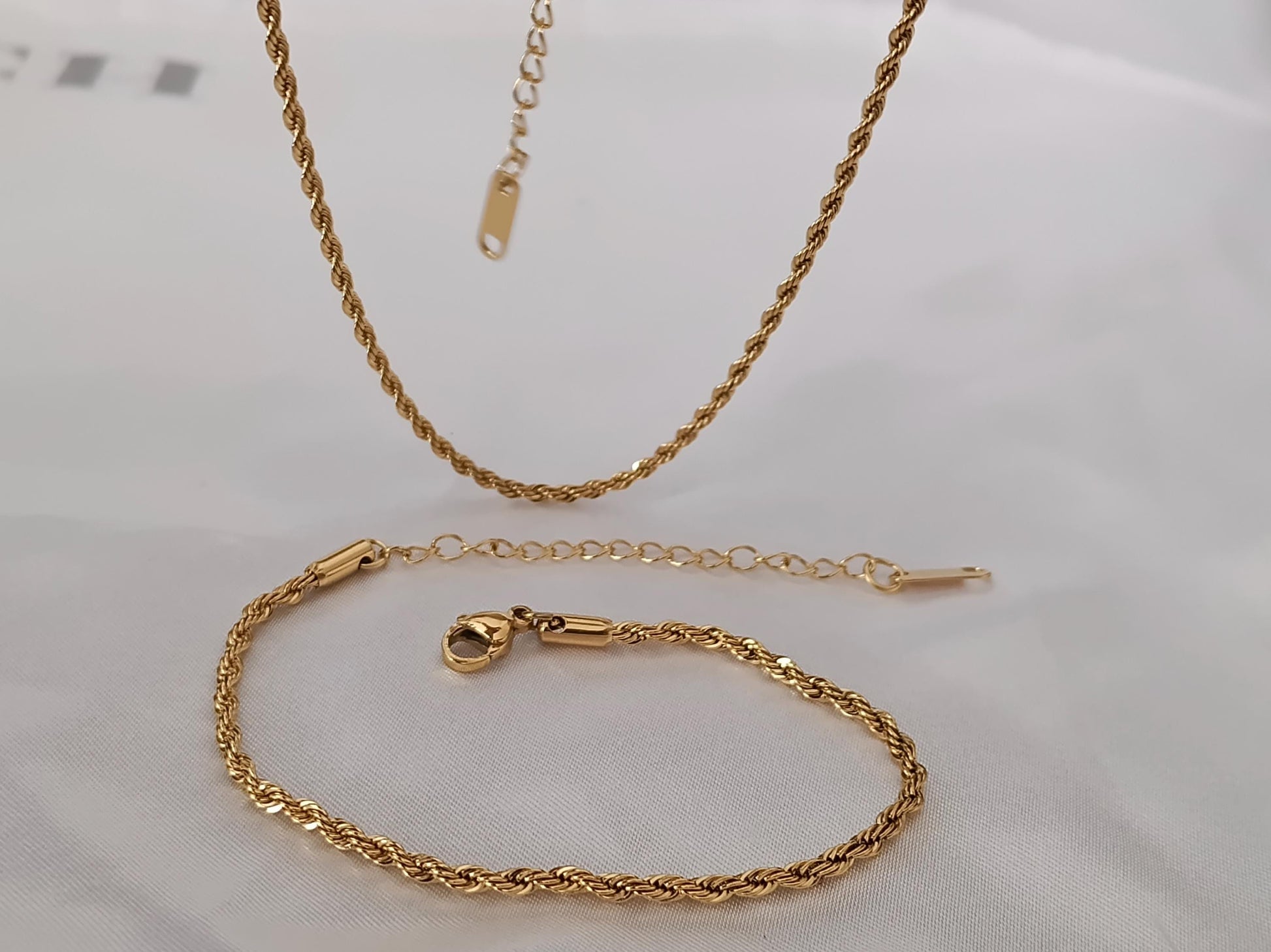 Conjunto de joyas Collar de cuerda de Acero Inoxidable Oro 18 y 40cm + Extensión 5cm 16"+2" con pulsera a juego para mujeres