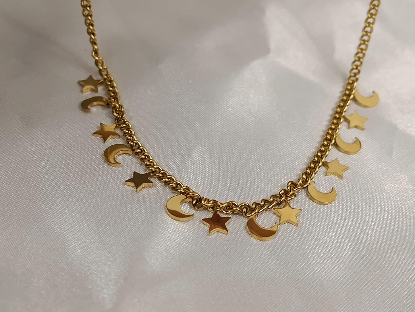 Collar de Acero Inoxidable 18K Oro Gargantilla con cuentas de luna y estrellas Efecto Espejo para mujeres