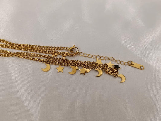 Collar de Acero Inoxidable 18K Oro Gargantilla con cuentas de luna y estrellas Efecto Espejo para mujeres