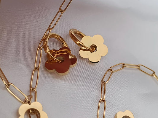 Conjunto de joyas Acero Inoxidable Oro 18K collar +pulsera + pendientes aros a juego para mujeres