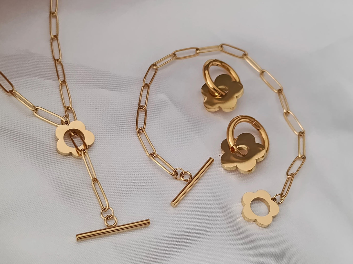 Conjunto de joyas Acero Inoxidable Oro 18K collar +pulsera + pendientes aros a juego para mujeres