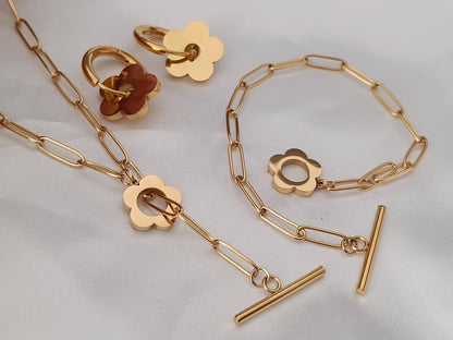 Conjunto de joyas Acero Inoxidable Oro 18K collar +pulsera + pendientes aros a juego para mujeres