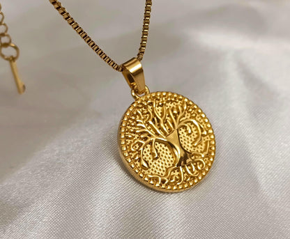 Collar Árbol de la Vida en Oro de 18K (PVD) - Medalla de Acero Inoxidable - 16" + 2" -40cm+5cm extension regalo para ella