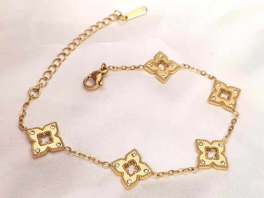 Pulsera Acero Inoxidable trébol con circonitas con Baño de Oro 18K regalos para ella