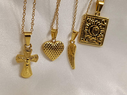 Collar de pluma,medalla, cruz,y corazón acero inoxidable oro bañado 18K 40cm más extensión de 5cm para mujeres