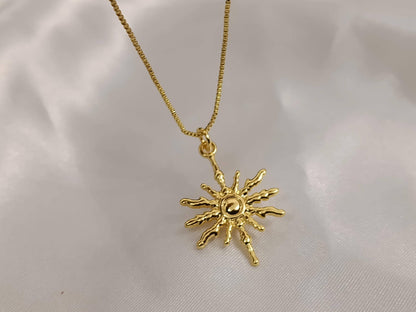 Collar con cadena de caja y colgante sol acero inoxidable oro bañado de 18K con extensión ajustable para mujeres