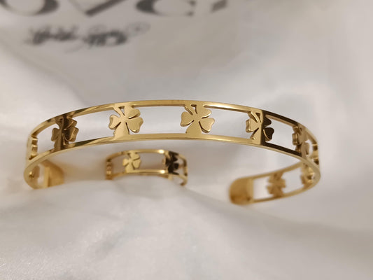Conjunto de joyas: Brazalete y Anillo trébol ajustables Acero Inoxidable con Baño de Oro 18K (Efecto Espejo) regalos para ella