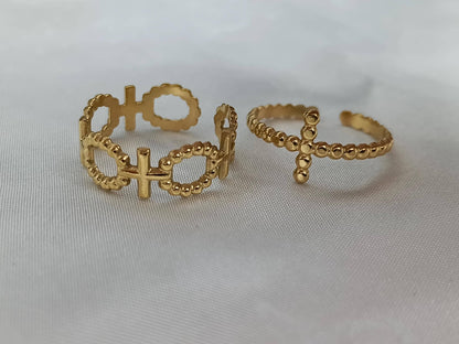 Set de Anillo Ajustable con cruz Inoxidable con Baño de Oro 18K regalos para ella