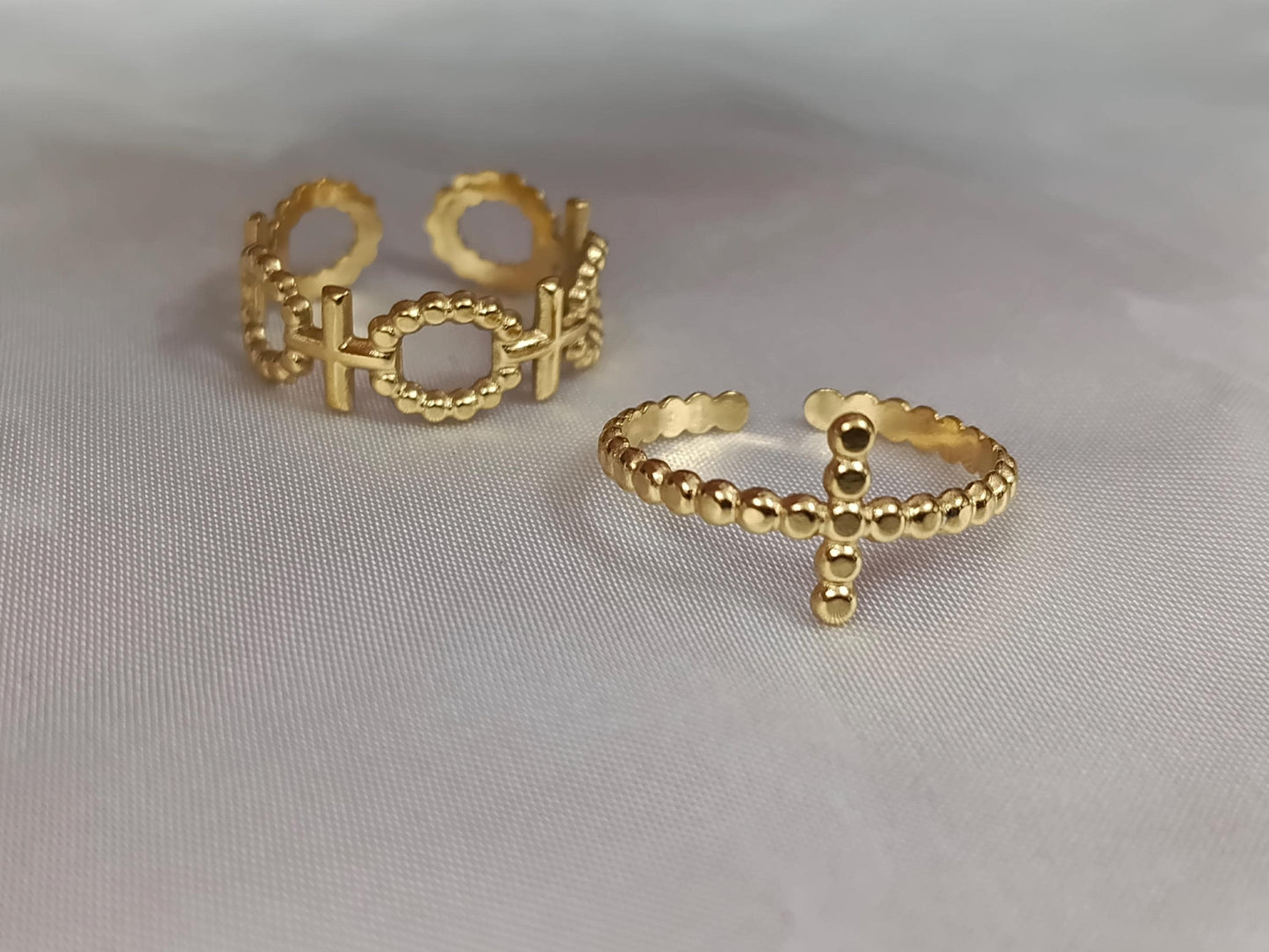 Set de Anillo Ajustable con cruz Inoxidable con Baño de Oro 18K regalos para ella