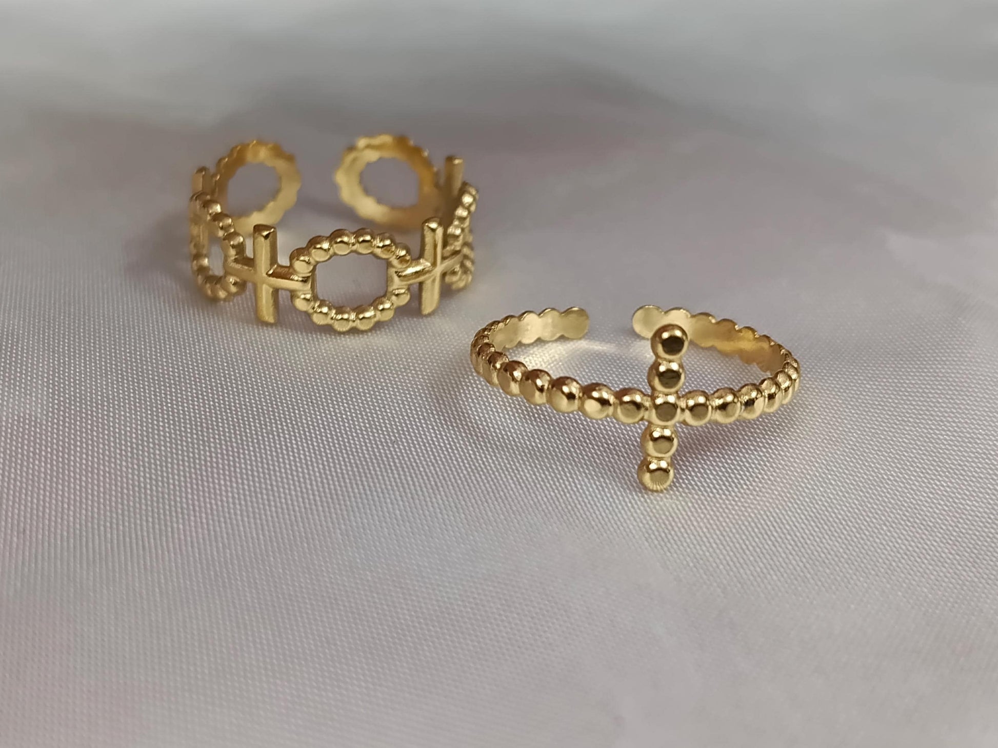 Set de Anillo Ajustable con cruz Inoxidable con Baño de Oro 18K regalos para ella