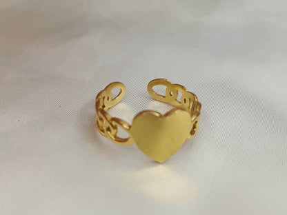 Anillo Abierto Ajustable corazón grande- Acero Inoxidable - bañado en oro 18K para ella