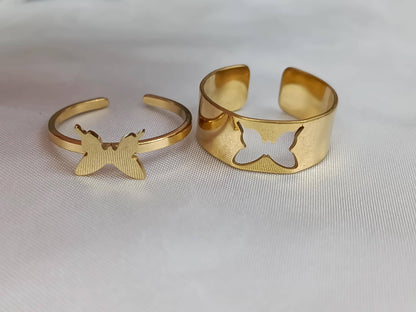 Par de Anillos Ajustables mariposas en Acero Inoxidable con Baño de Oro 18K regalos para ella