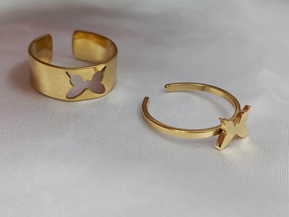 Par de Anillos Ajustables mariposas en Acero Inoxidable con Baño de Oro 18K regalos para ella