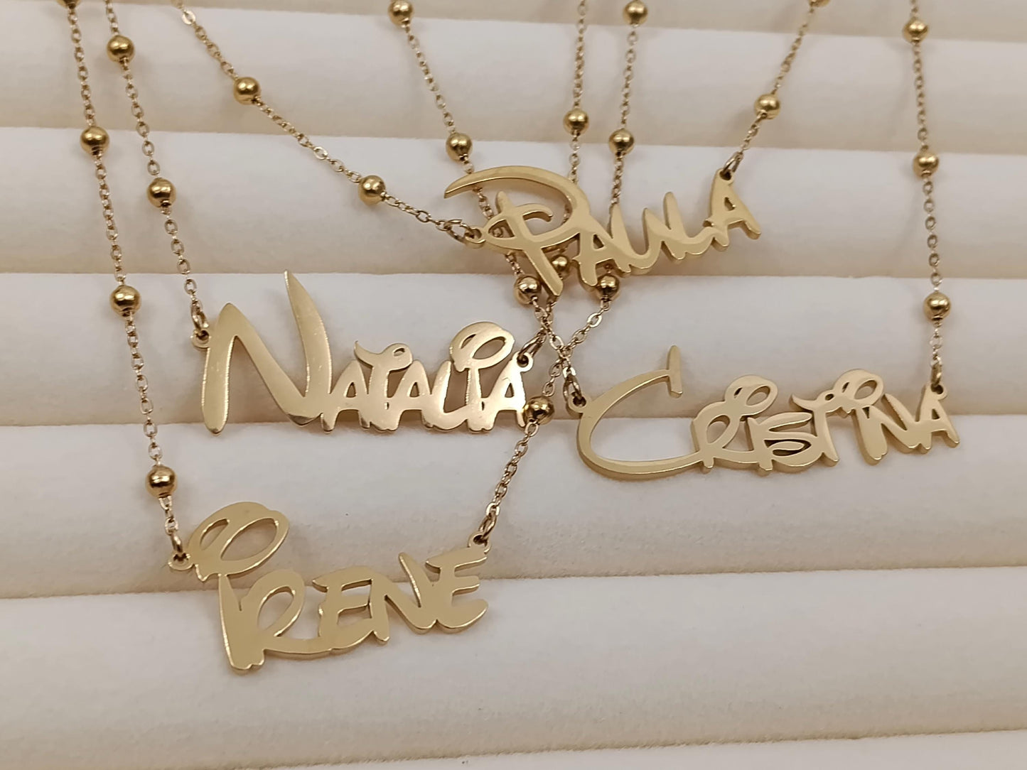 Collar de nombre personalizado con cadena de cuentas acero inoxidable oro 18K 45cm+5cm extension ajustable para mujeres