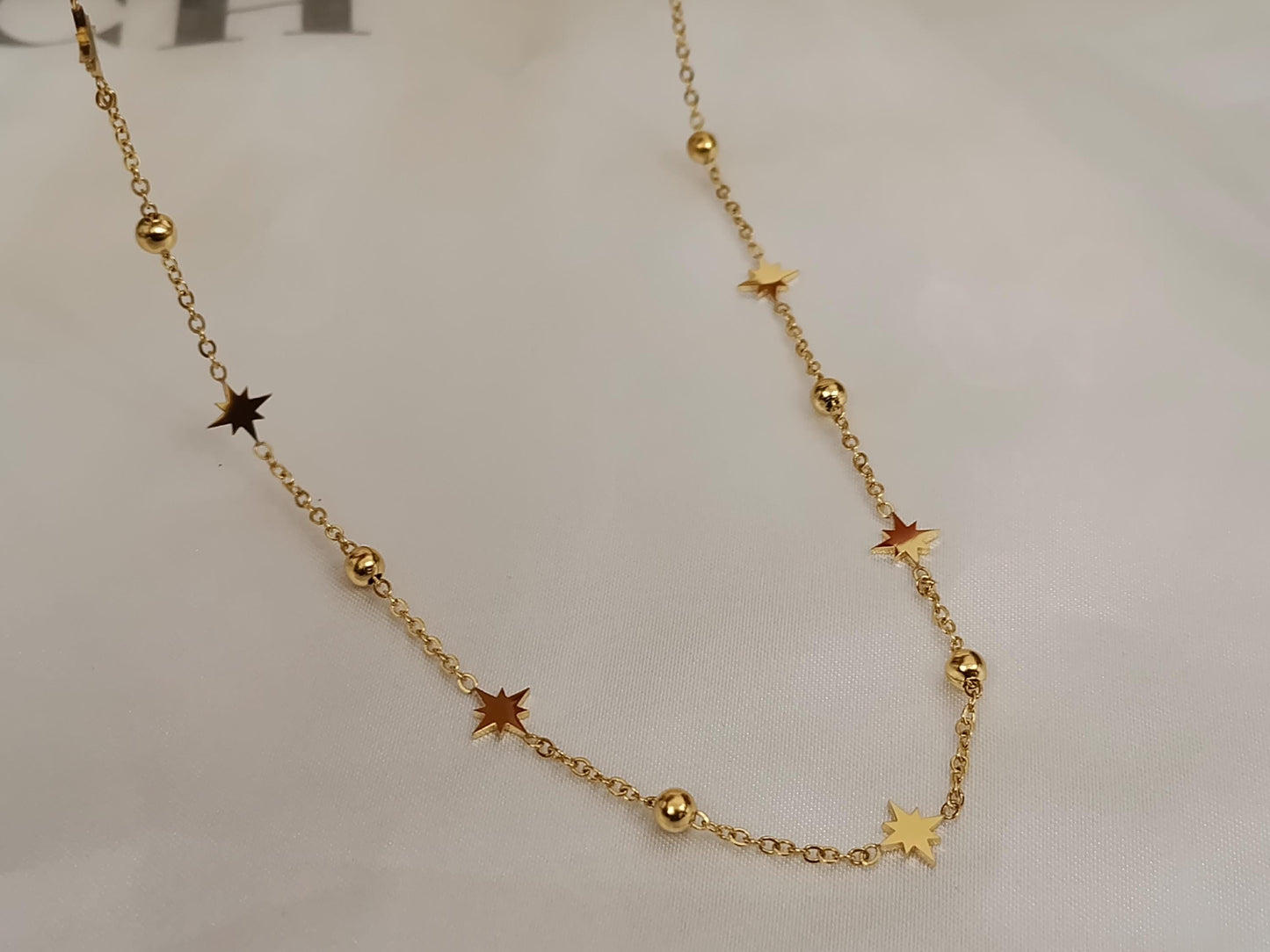 Collar con cuentas de estrellas polares con bolitas acero inoxidable oro bañado de 18K para mujeres