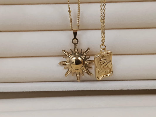 Collar con colgantes de sol y medalla acero inoxidable oro bañado 18K para mujeres