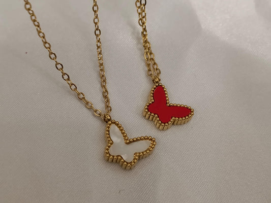 Collar de mariposa rojo y blanco acero inoxidable oro bañado 18K para mujeres