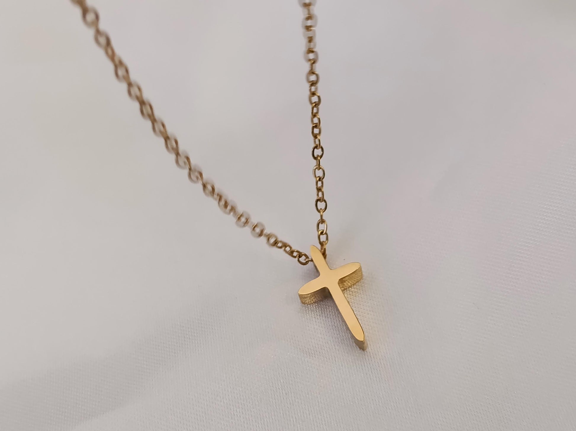 Collar cuentas de Acero Inoxidable Oro 18K colgante de Cruz Efecto Espejo para mujeres