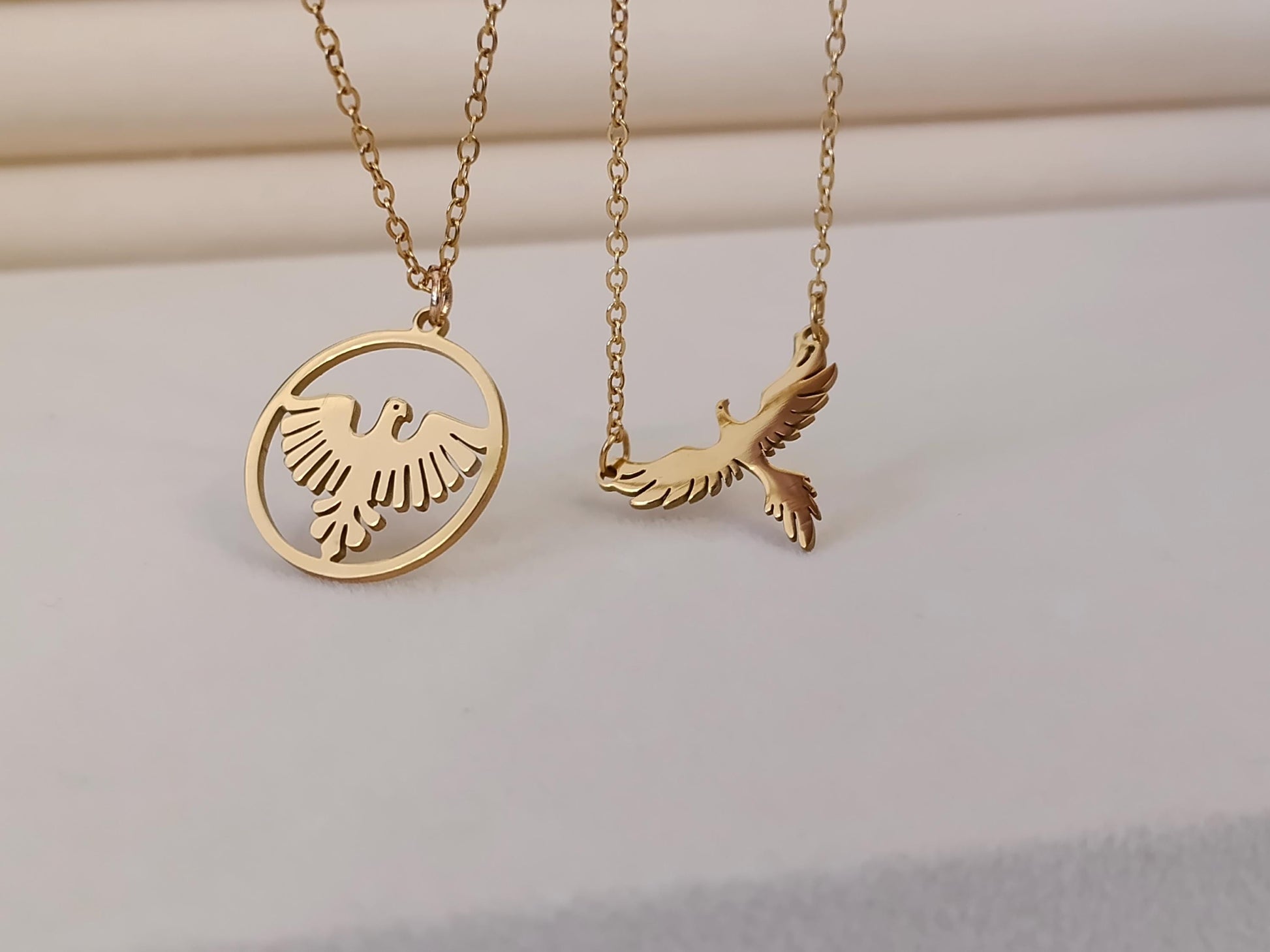 Collar de Acero Inoxidable Oro 18K - colgante Fénix Efecto Espejo - 45cm 17.7 pulgadas para ella