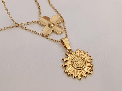 Collar con Colgante de Flor girasol en Oro 18K (PVD) - Acero Inoxidable - 16" + 2" /40cm+5cm extension para mujeres