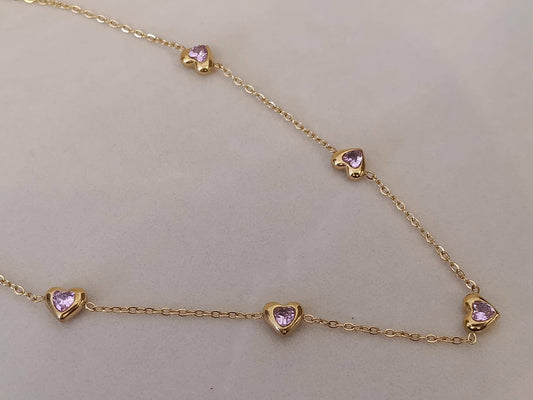 Collar con Colgantes corazones y circonitas rosas en Oro 18K (PVD) - 16" + 2" /40cm +5cm extensión Ajustable para mujeres