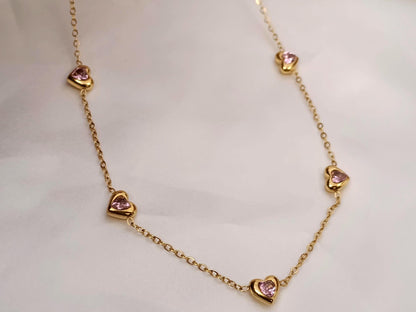 Collar con Colgantes corazones y circonitas rosas en Oro 18K (PVD) - 16" + 2" /40cm +5cm extensión Ajustable para mujeres