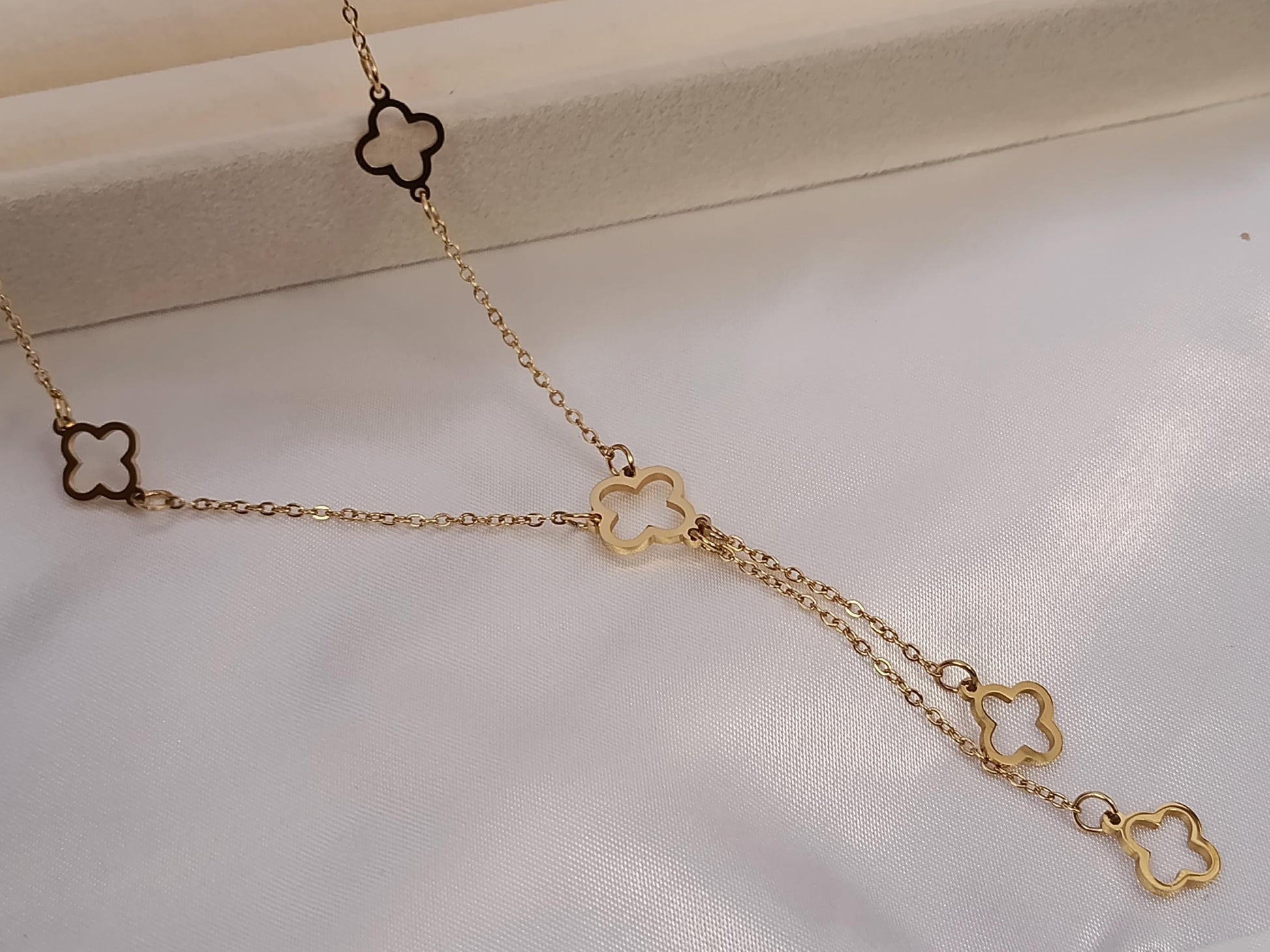 collar largo 55cm más extensión de acero con colgantes tréboles bañado en oro 18K resistente al agua collar para mujeres