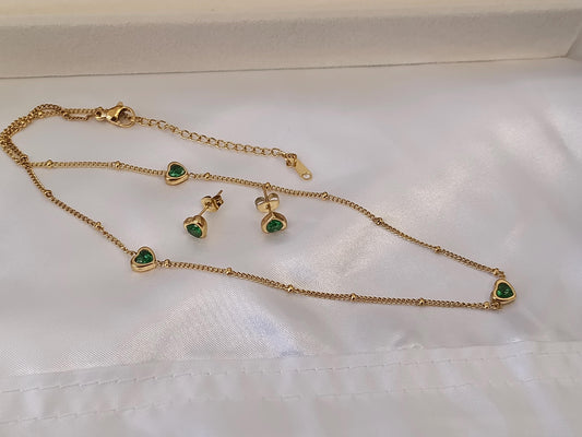 Conjunto de collar corazón circonita verdes con pendientes a juego acero inoxidable bañado en oro 18K para mujeres