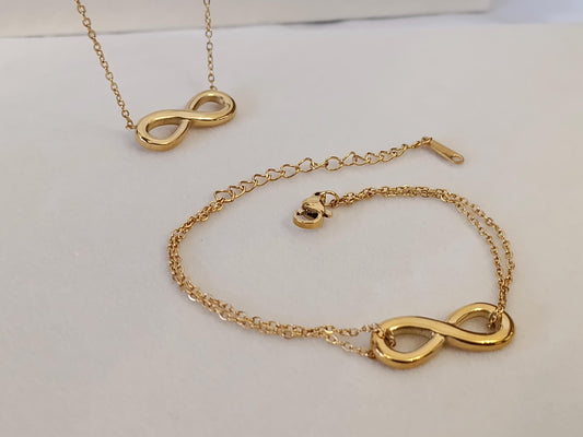 conjunto de collar Oro 18K colgante de infinito Efecto Espejo 40cm + 5cm Extensión 5cm, y pulsera a juego para mujeres