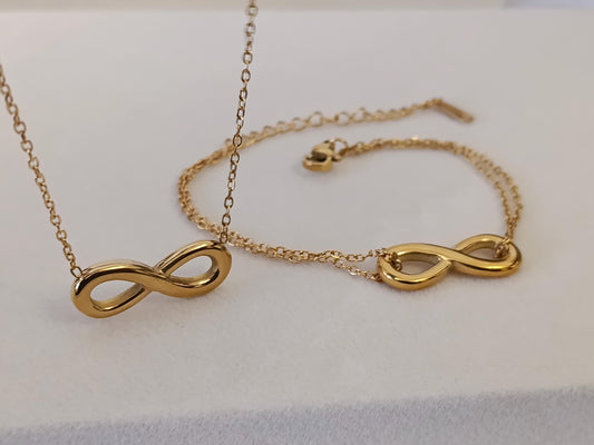 conjunto de collar Oro 18K colgante de infinito Efecto Espejo 40cm + 5cm Extensión 5cm, y pulsera a juego para mujeres