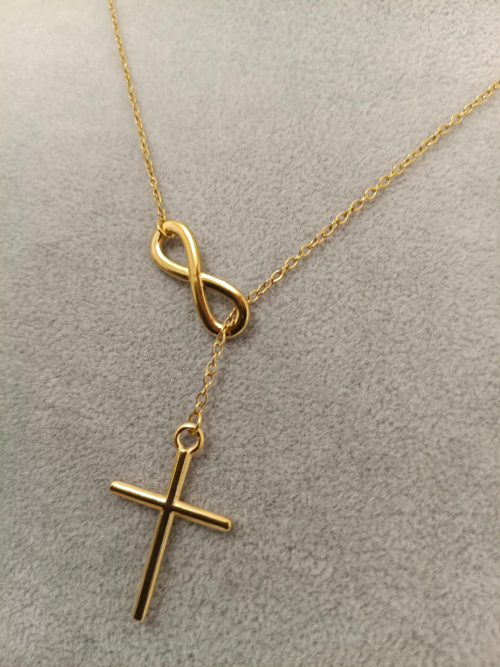 Collar Lariat Infinito y Cruz en Oro de 18K (PVD) - Acero Pulido Espejo - 18" 45cm para mujeres